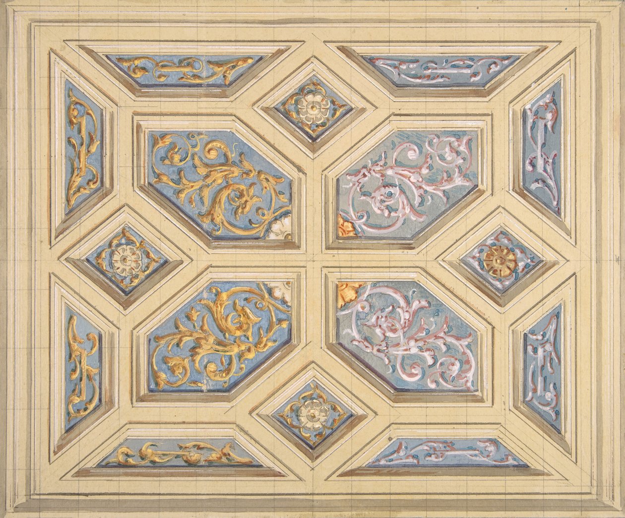 Ontwerp voor een cassetteplafond versierd met rinceaux door Jules Edmond Charles Lachaise and Eugène Pierre Gourdet