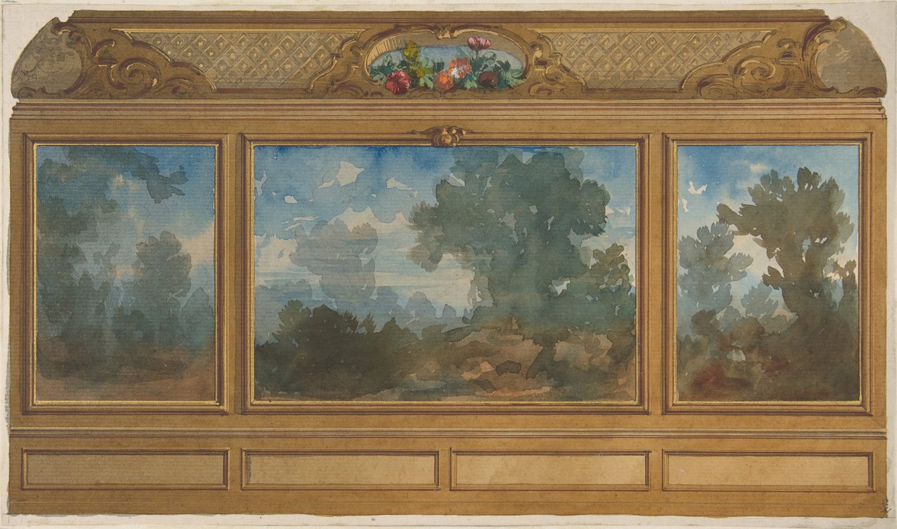 Verhoging van een gepaneeld interieur versierd met geschilderde landschappen en gewelven, 1830-97 door Jules Edmond Charles Lachaise and Eugène Pierre Gourdet