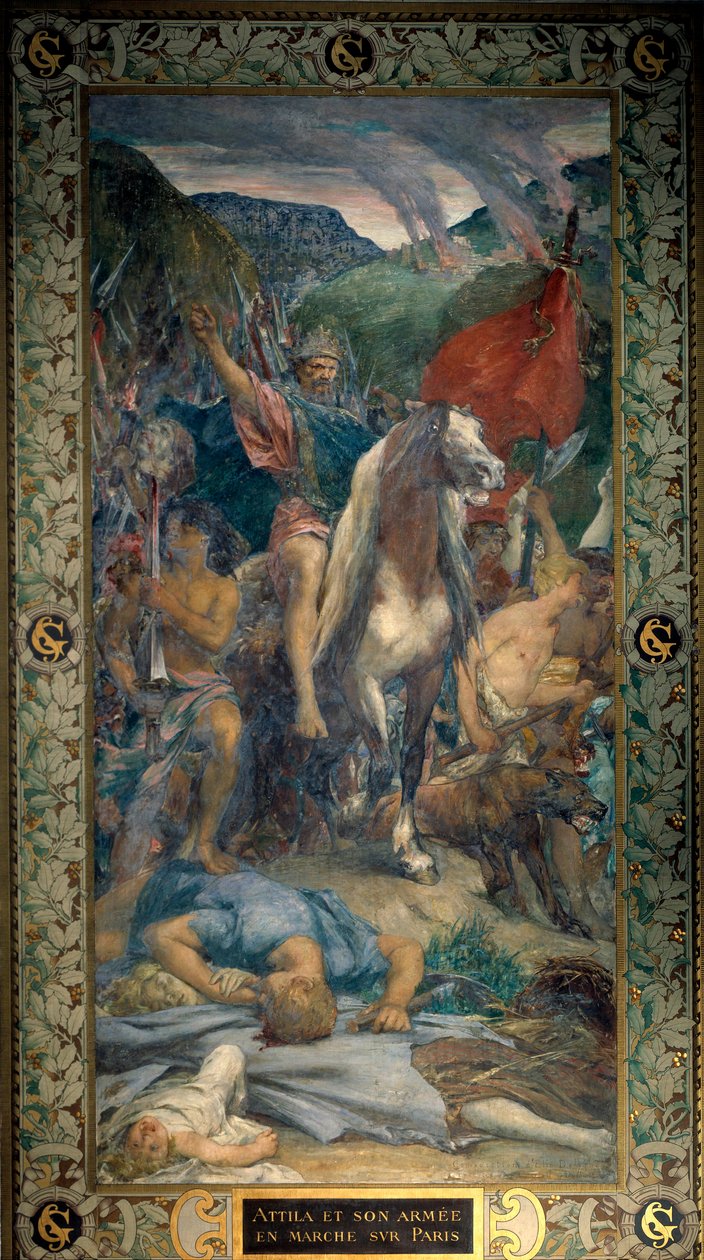 Attila (395-453) koning van de Hunnen en zijn leger van Barbaren marcheren op Parijs in 450 door Jules Elie Delaunay