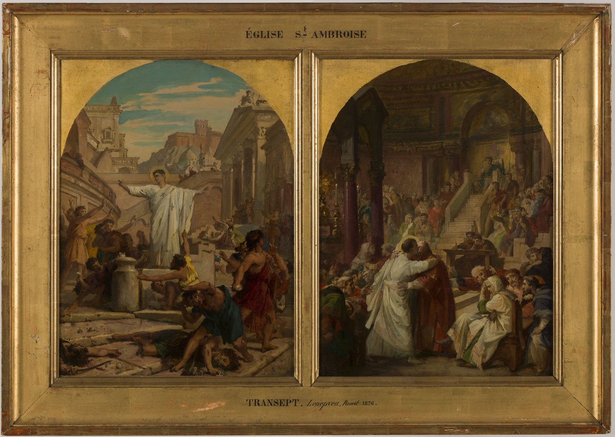 Schets voor de kerk van Saint-Ambroise: Sint-Augustinus die een einde maakt aan de barbaarse praktijk van vaders, broers en zonen die elkaar bevechten om oorlog te oefenen door Jules Eugene Lenepveu