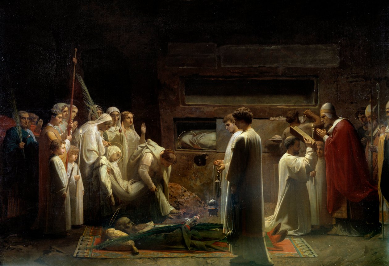 De martelaren in de catacomben Christelijke religieuze bijeenkomst bij de begrafenis van de eerste christenen in Rome. Schilderij door Jules Lenepveu (1819-1898) 1855 Parijs, Musée d