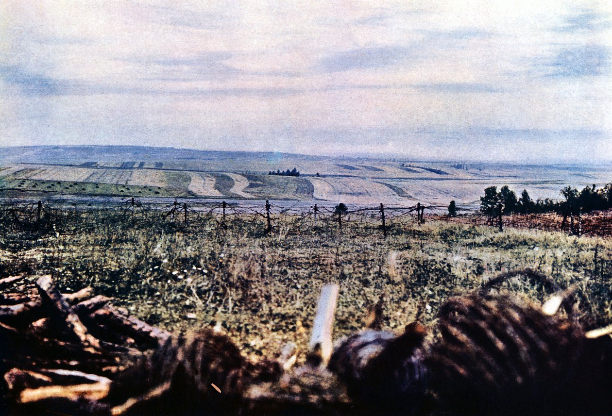 Heuvel 304 met prikkeldraad nabij Verdun, september 1916 door Jules Gervais Courtellemont