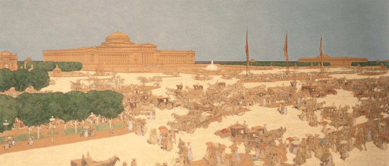 Voorgesteld plein aan Michigan Avenue, ten westen van het Field Museum of Natural History in Grant Park, kijkend naar het oosten vanaf de hoek van Jackson Boulevard door Jules Guerin