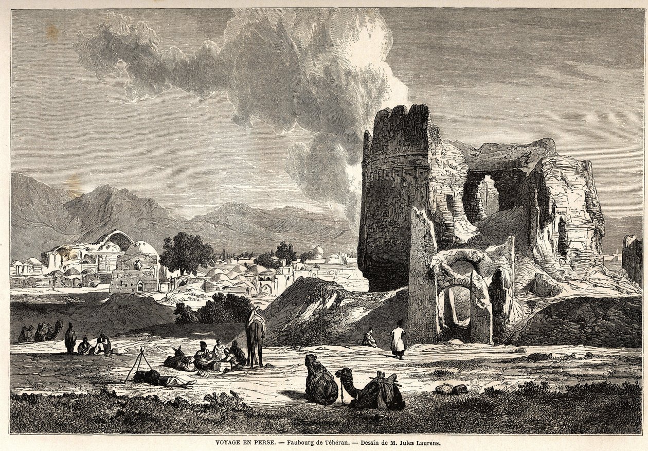De buitenwijken van Teheran (hedendaags Iran). Tekening door Jules Laurens (1825-1901), ter illustratie van Arthur Gobineau