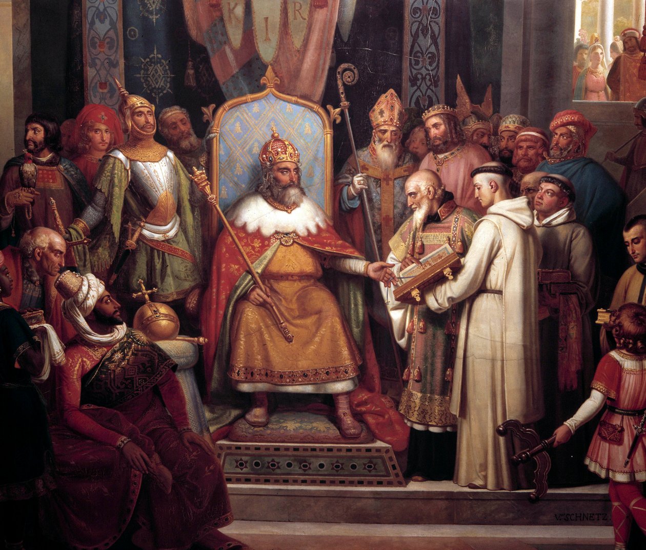 Karel de Grote omringd door zijn hoofdofficieren, ontvangt Alcuin, die manuscripten introduceert, een werk van zijn monniken in 781. Detail van het schilderij door Jules Laure (1806-1861). 1837. Versailles, kastelen van Versailles en Trianon door Jules Laure