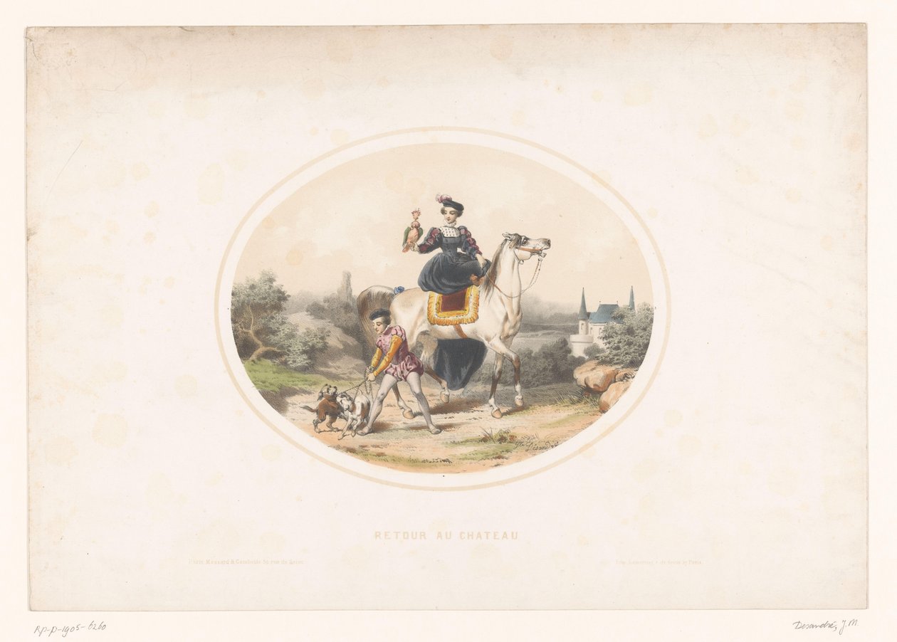 Edelvrouw met valk te paard door Jules Marie Desandre