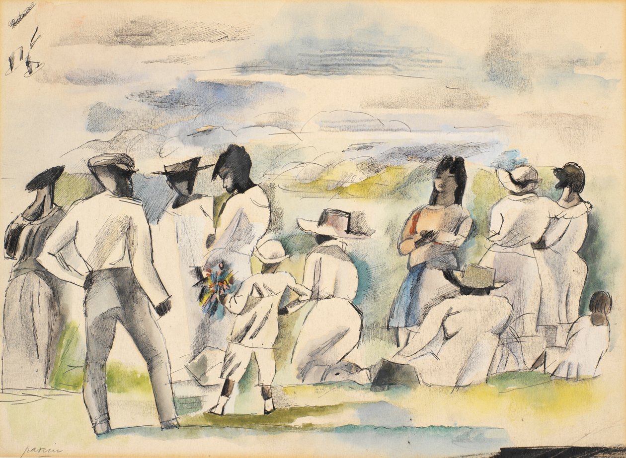 Zwarte met jongen die bloemen vasthoudt door Jules Pascin