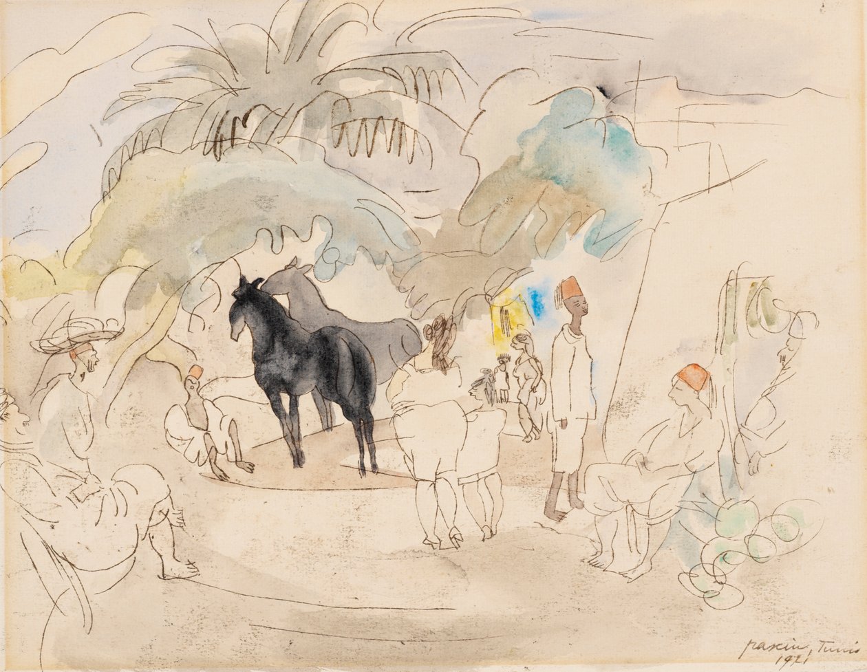 Figuurtjes en twee paarden in landschap door Jules Pascin