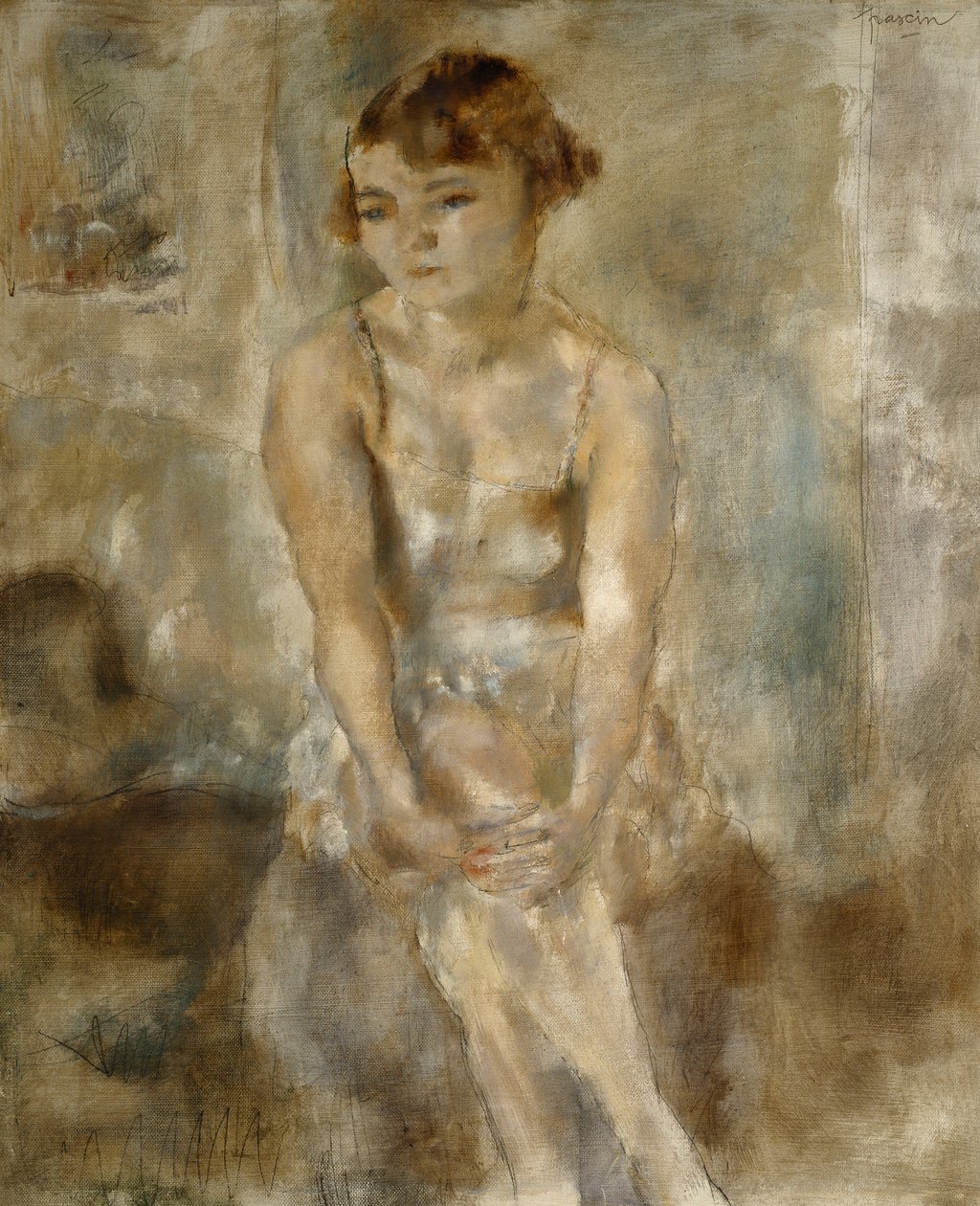 Jonge vrouw zittend in chemise, 1923 door Jules Pascin