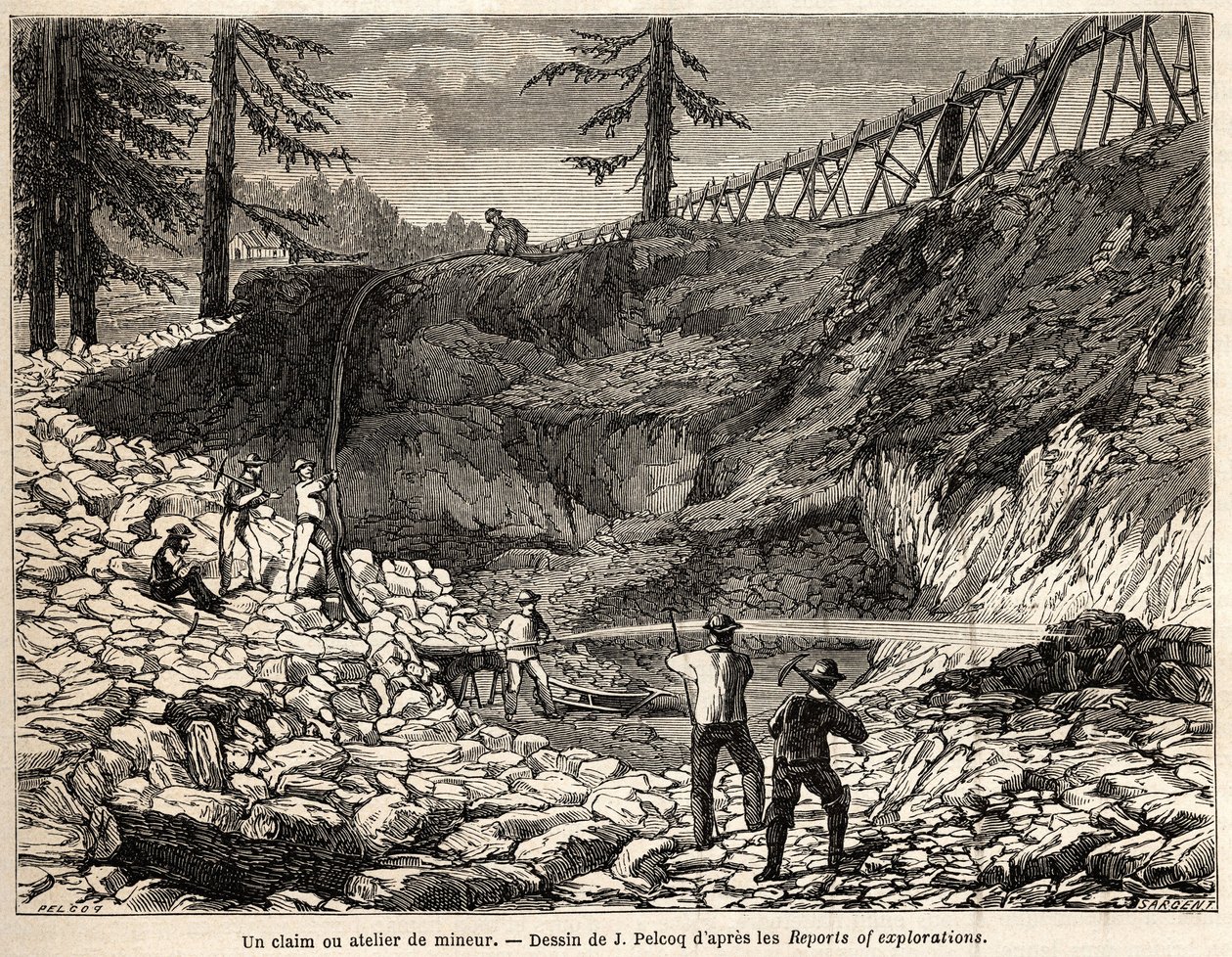 Een mijnbouwconcessie of werkplaats in Californië, tekening door Jules Pelcoq, ter illustratie van het verhaal van de reis van Baron de Wogan naar Californië in 1850-1852. Gravure in 
