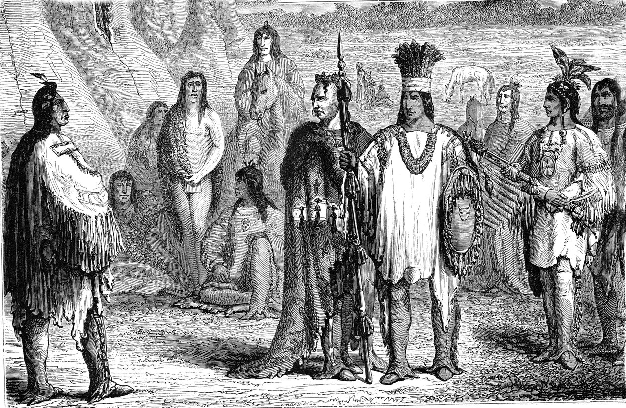 CREEKS Indianen, uit het zuidoosten van de Verenigde Staten. Gravure 1885 door Jules Pelcoq