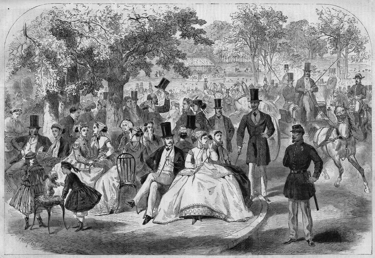 Parijse levensscène, een middag in het Bois de Boulogne in de 19e eeuw. Gravure naar een tekening van Pelcoq. In 