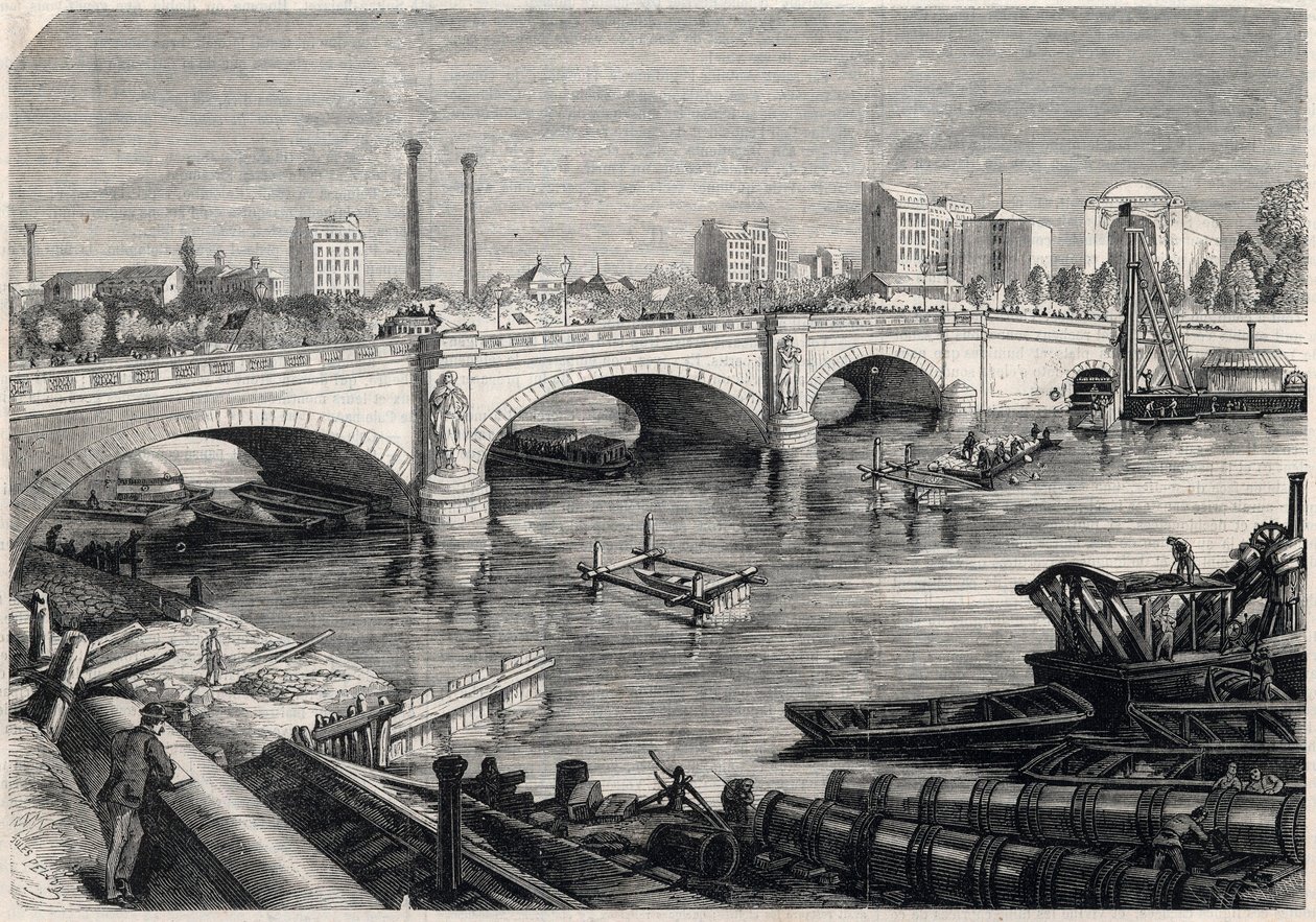 Transformaties van Parijs onder het Tweede Keizerrijk, Haussmann Parijs: werken uitgevoerd voor de brug van de Alma in Parijs voor de doorgang van de verzamelriool op de bodem van de Seine. Tekening door Jules Pelcoq. Gravure in 