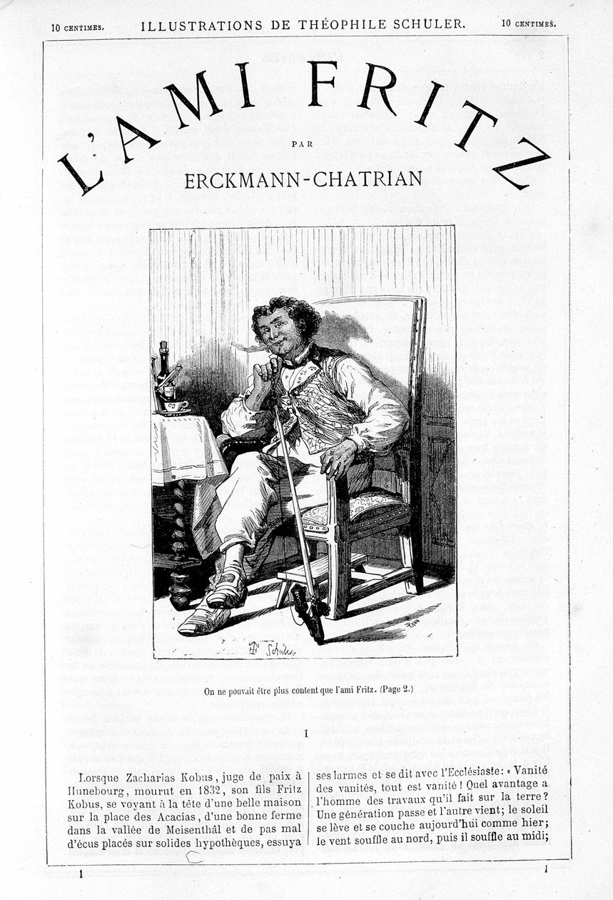 Fritz rookt de pijp - Frontispice van "De Vriend Fritz", door Erckmann-Chatrian, ill. door Théophile Schuler door Jules Theophile (after) Schuler