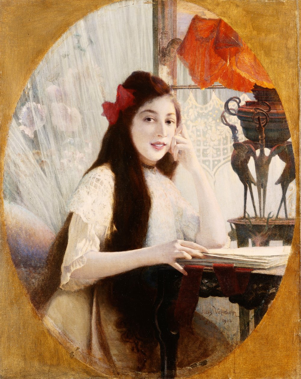Portret van een jong meisje aan een bureau, 1904 door Jules Verdier