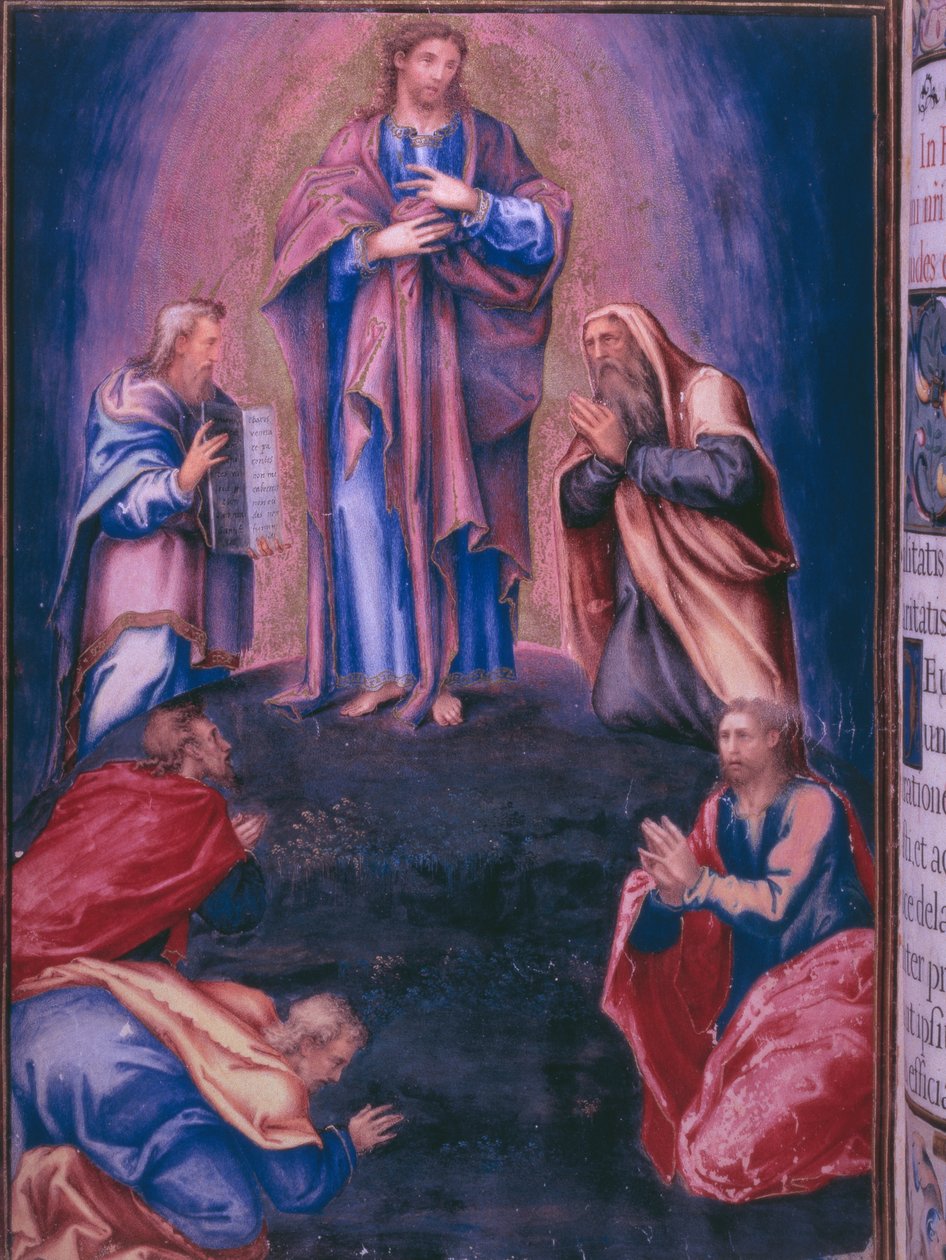 Transfiguratie, uit een facsimile van het Brevier van Koning Filips II van Spanje, 1569 door Julian and Leon, Andres de Fuente del Saz