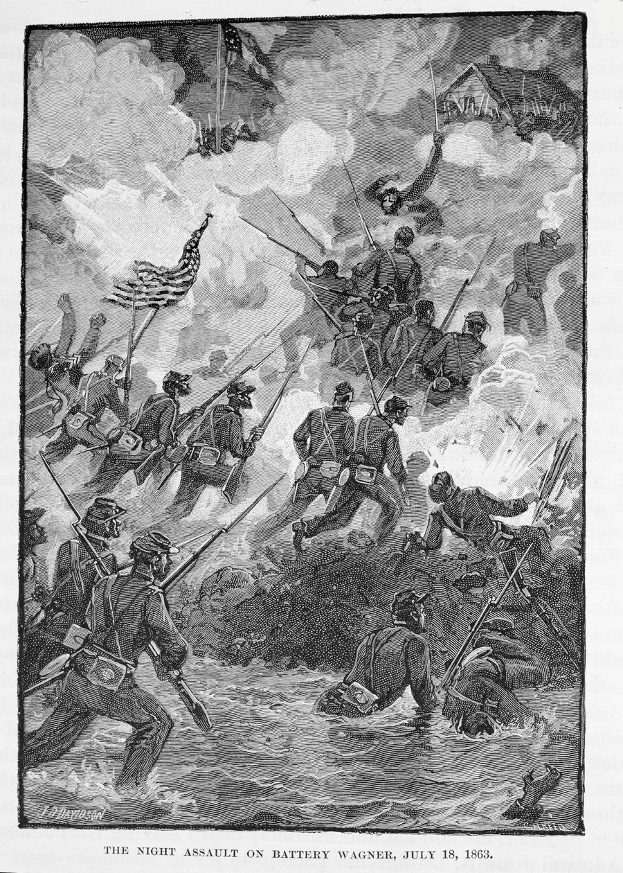 De Nachtelijke Aanval op Battery Wagner, 18 juli 1863, gegraveerd door C. H. Reed, illustratie uit 
