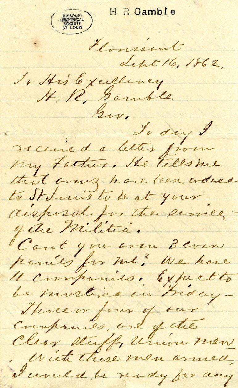 Brief ondertekend door Julian Bates, Florissant, aan Zijne Excellentie H.R. Gamble, 16 september 1862 door Julian Bates