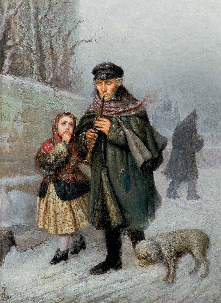 Klarinettist - Straatbeeld uit Sint Petersburg (Bedelaarsklarinettist met meisje en hond). door Julian Bończa Tomaszewski