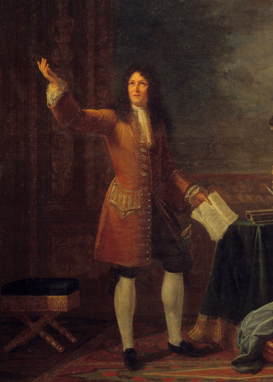 Jean Racine (1639-1699) leest zijn toneelstuk voor aan de koning van Frankrijk (detail) door Julie Philipault