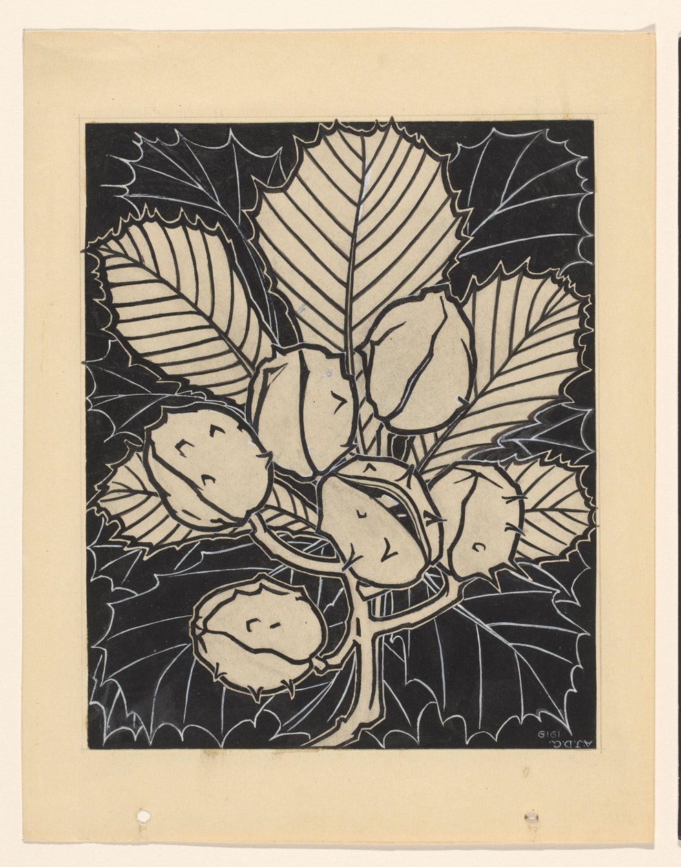 Blad van een kastanje met vruchten door Julie de Graag (signed by artist)