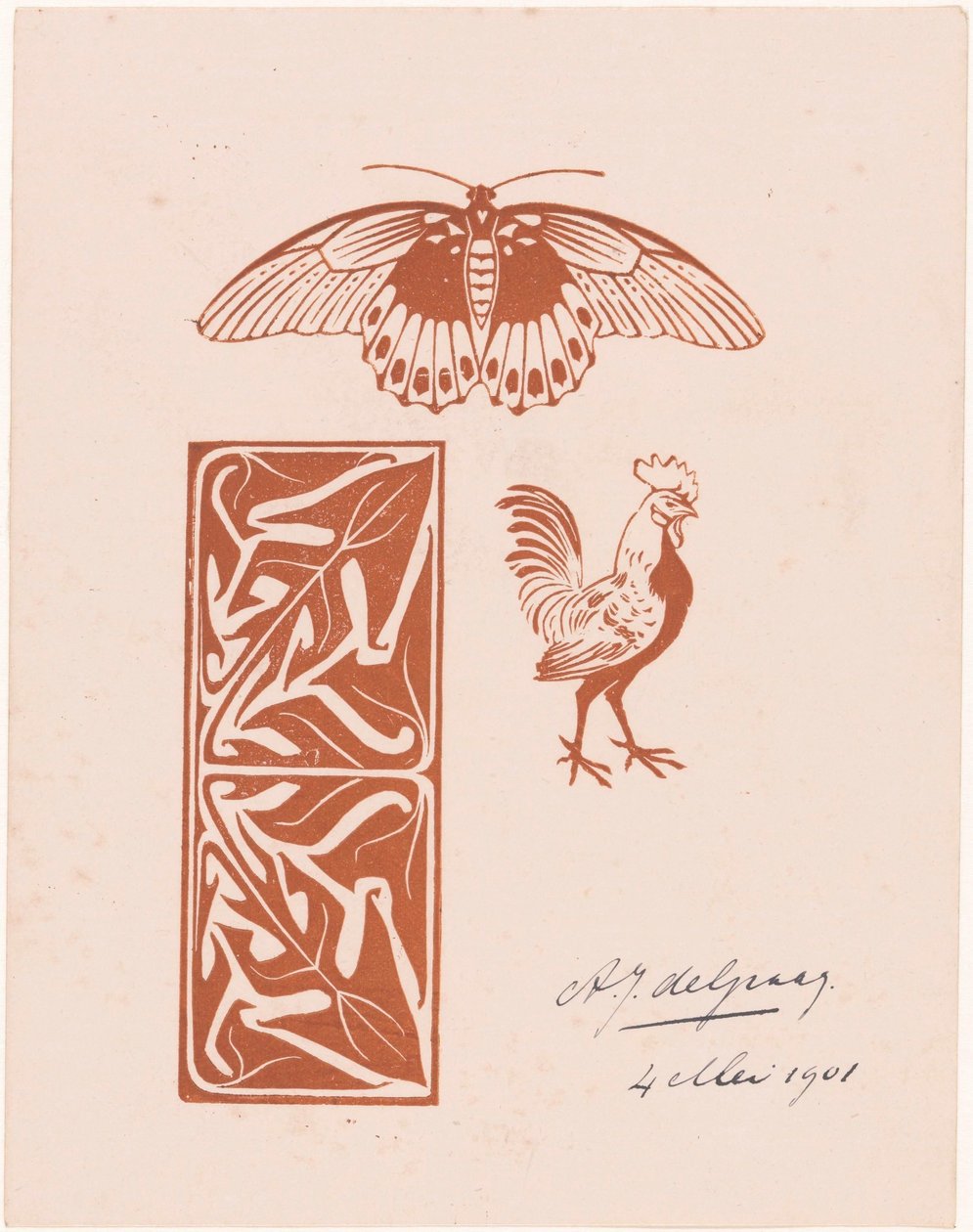 Vlinder, haan en bladwerk door Julie de Graag (signed by artist)
