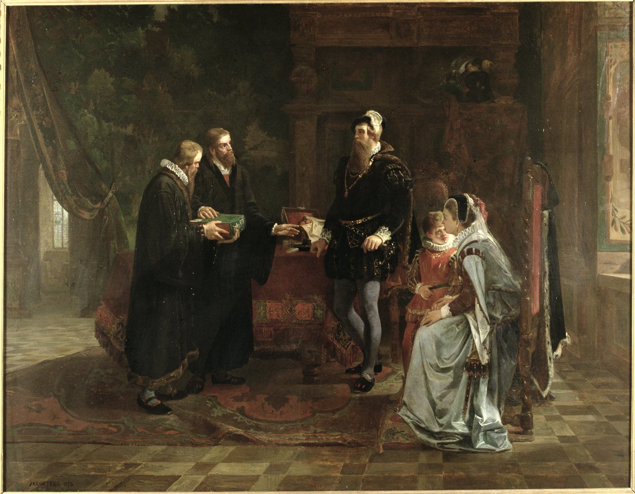 Koning Gustaaf I Vasa (ca. 1496-1560) van Zweden ontvangt de Zweedse vertaling van de Bijbel, 1870 door Julius Kronberg