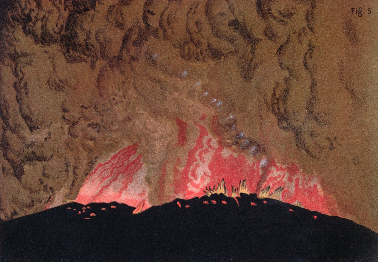 De Aphroessa en Georgios lavastromen tijdens een uitbarsting van de Santorini vulkaan, illustratie uit Etudes sur les Volcans door de kunstenaar, gegraveerd door Druck en Arnold, 1881 door Julius or Jules Schmidt
