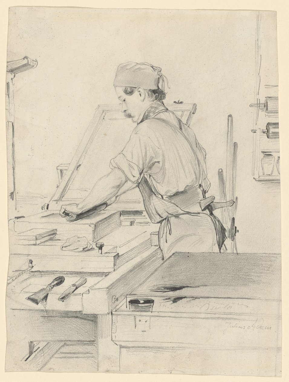 Zelfportret Werkend aan een Lithografische Pers door Julius Adam the Elder
