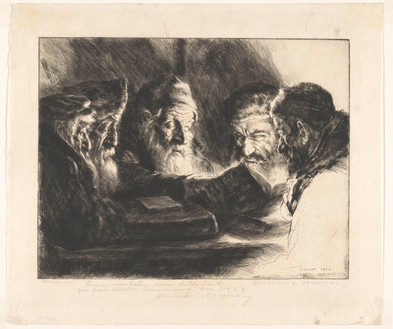 Vijf lezende joodse mannen door Julius C. Turner (signed by artist)