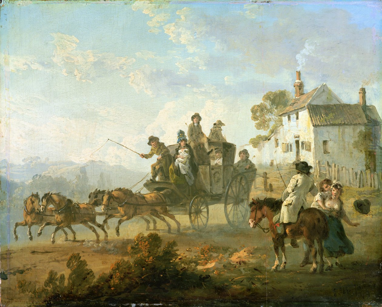 Een postkoets op een landweg, 1792 door Julius Caesar Ibbetson