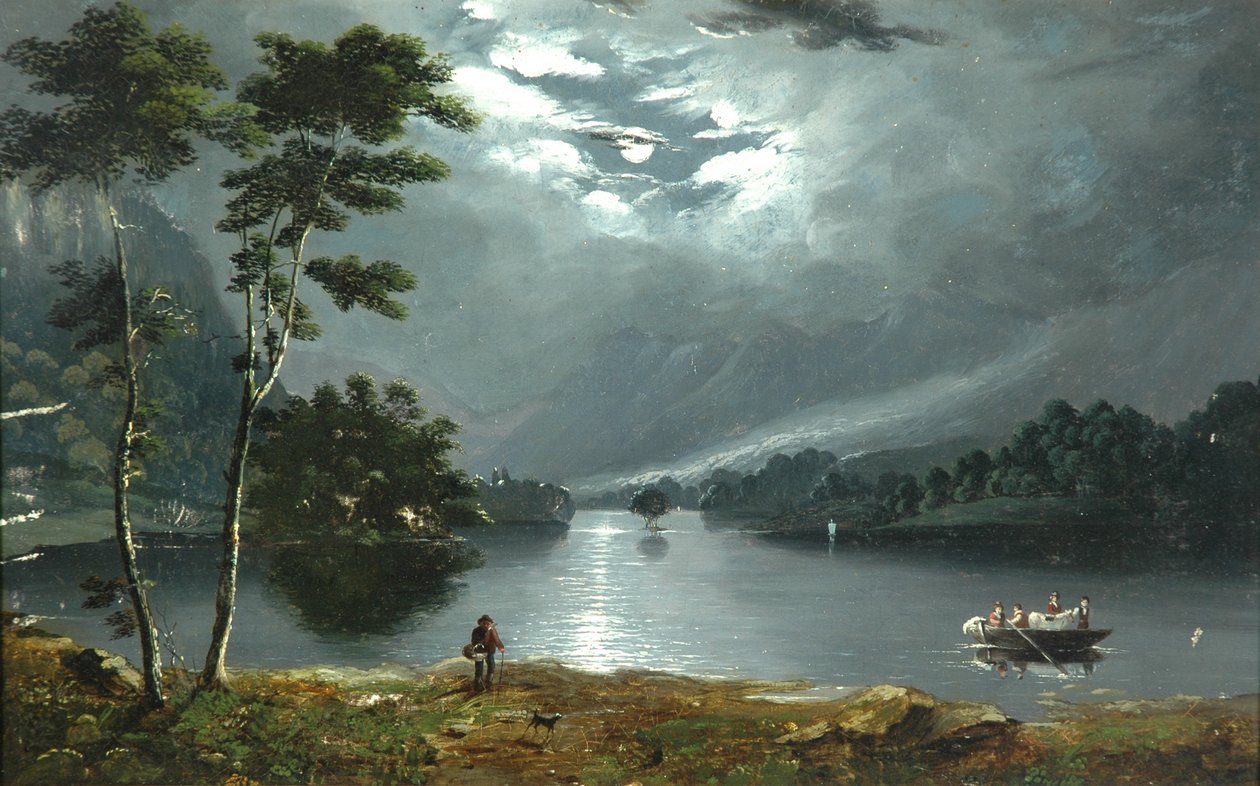 Veerboot, Windermere, kijkend naar het noorden en het meer bij maanlicht door Julius Caesar Ibbetson