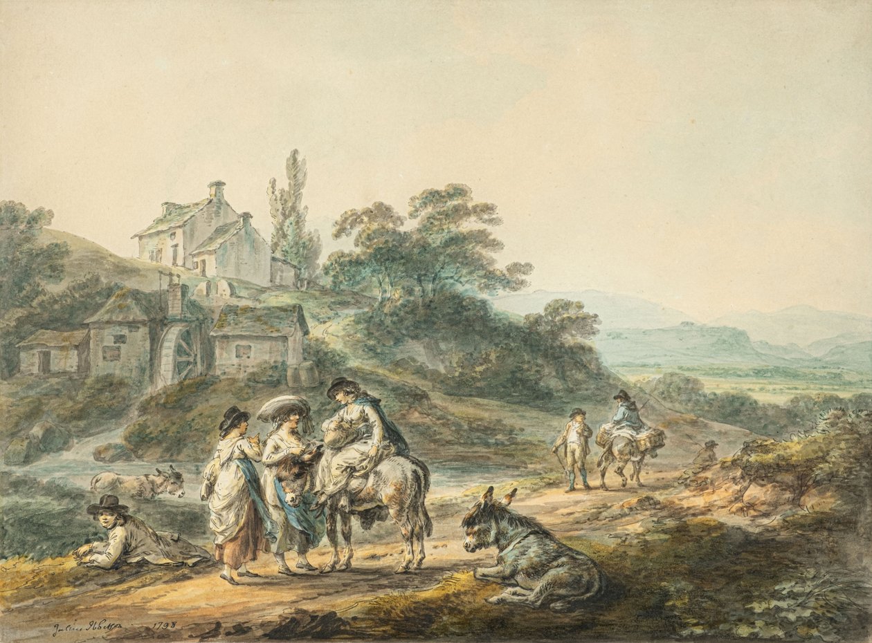 Figuren op een pad bij een molen door Julius Caesar Ibbetson