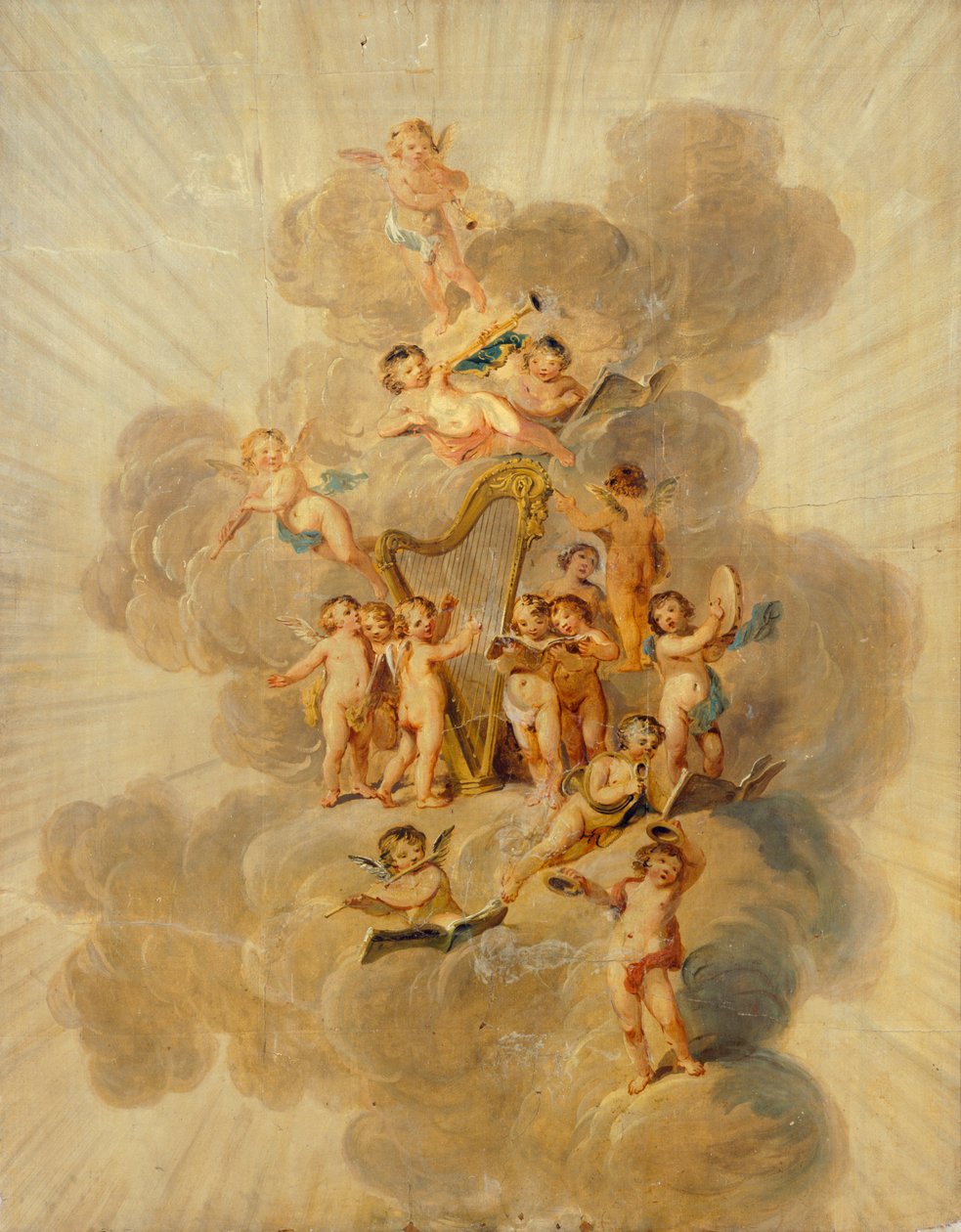 Gevleugelde cherubijnen met muziekinstrumenten, sectie van de decoratieve rand van de muziekkamer, Kenwood House, Londen door Julius Caesar Ibbetson