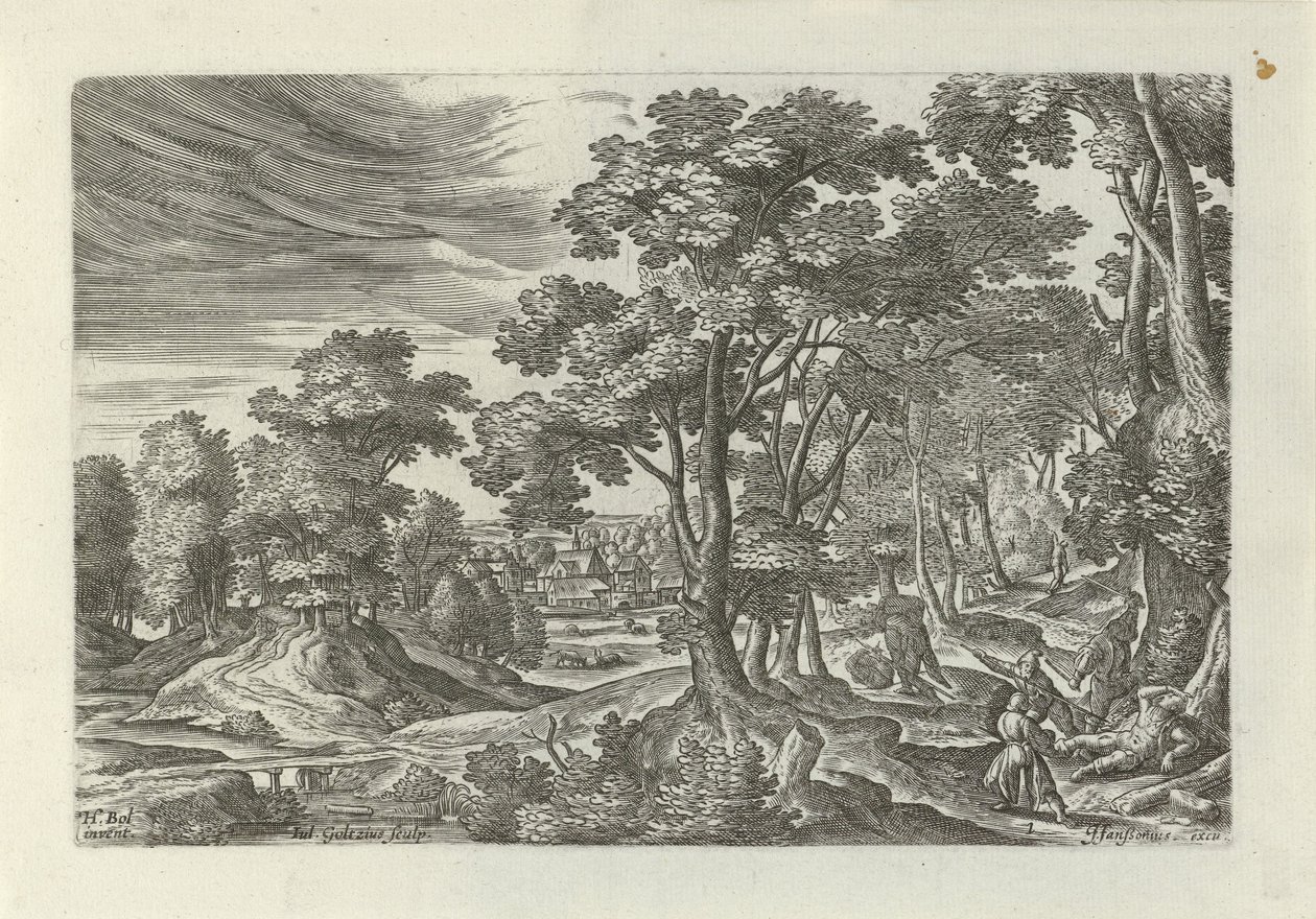 Landschap met overval op de reiziger door Julius Goltzius