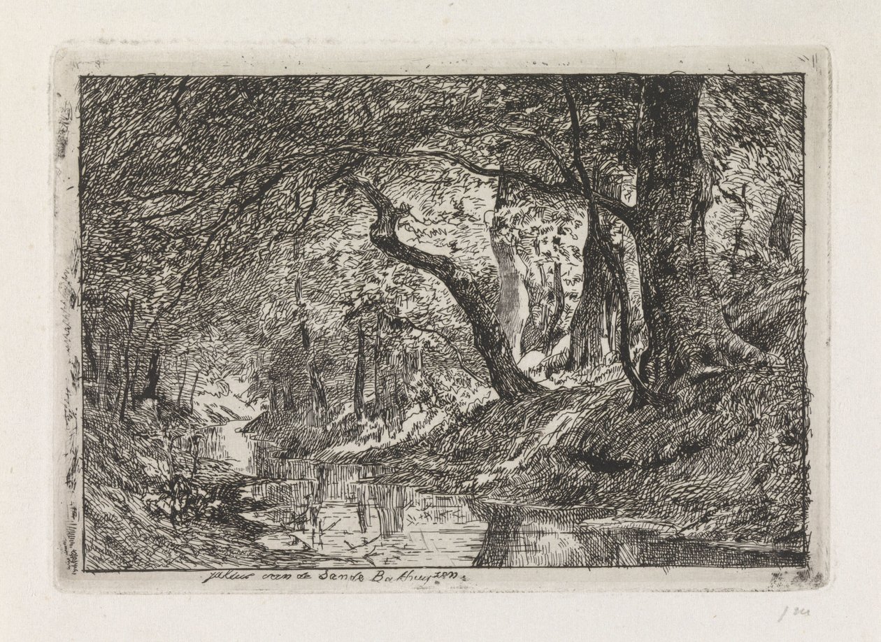 Boslandschap met beek en bomen op oever door Julius Jacobus van de Sande Bakhuyzen