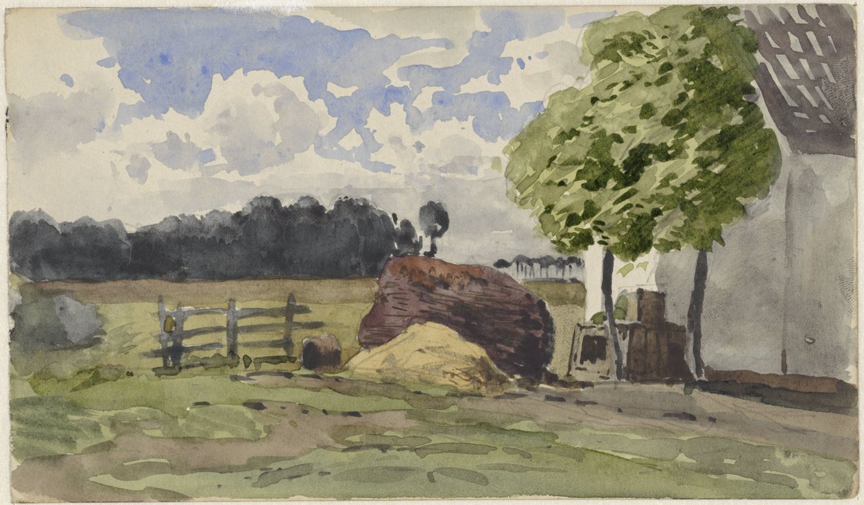 Stapel hout voor een boerderij in het weiland door Julius Jacobus van de Sande Bakhuyzen