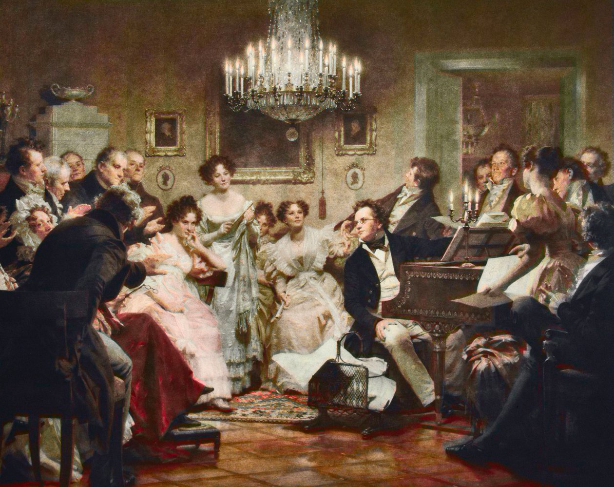 Franz Schubert (1797-1828) aan de piano tijdens een Schubertavond in een Weense salon - gravure naar Julius Schmid (1854-1935) door Julius Schmid