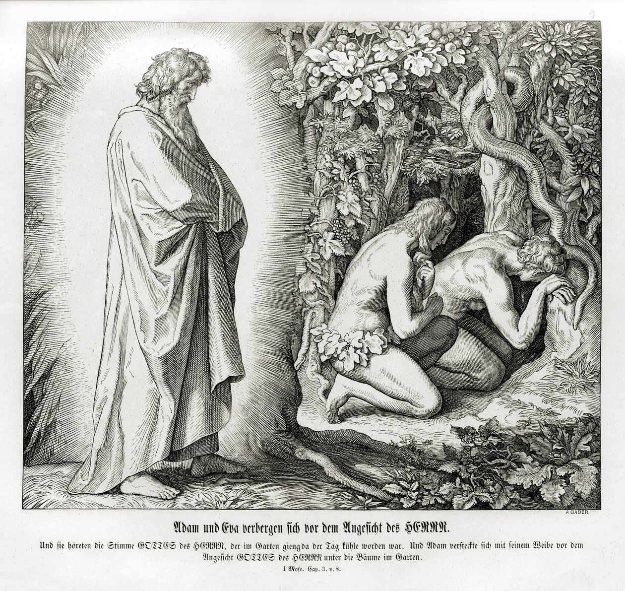 Adam en Eva verbergen hun naaktheid, Genesis door Julius Schnorr von Carolsfeld