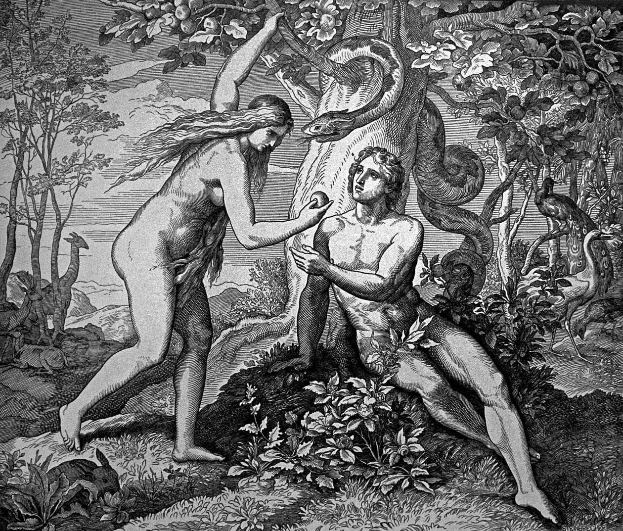 Adam en Eva met de appel door Julius Schnorr von Carolsfeld