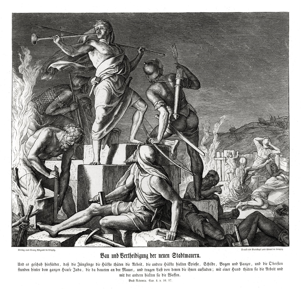 Bouw en verdediging van de nieuwe stadsmuren, Nehemia door Julius Schnorr von Carolsfeld