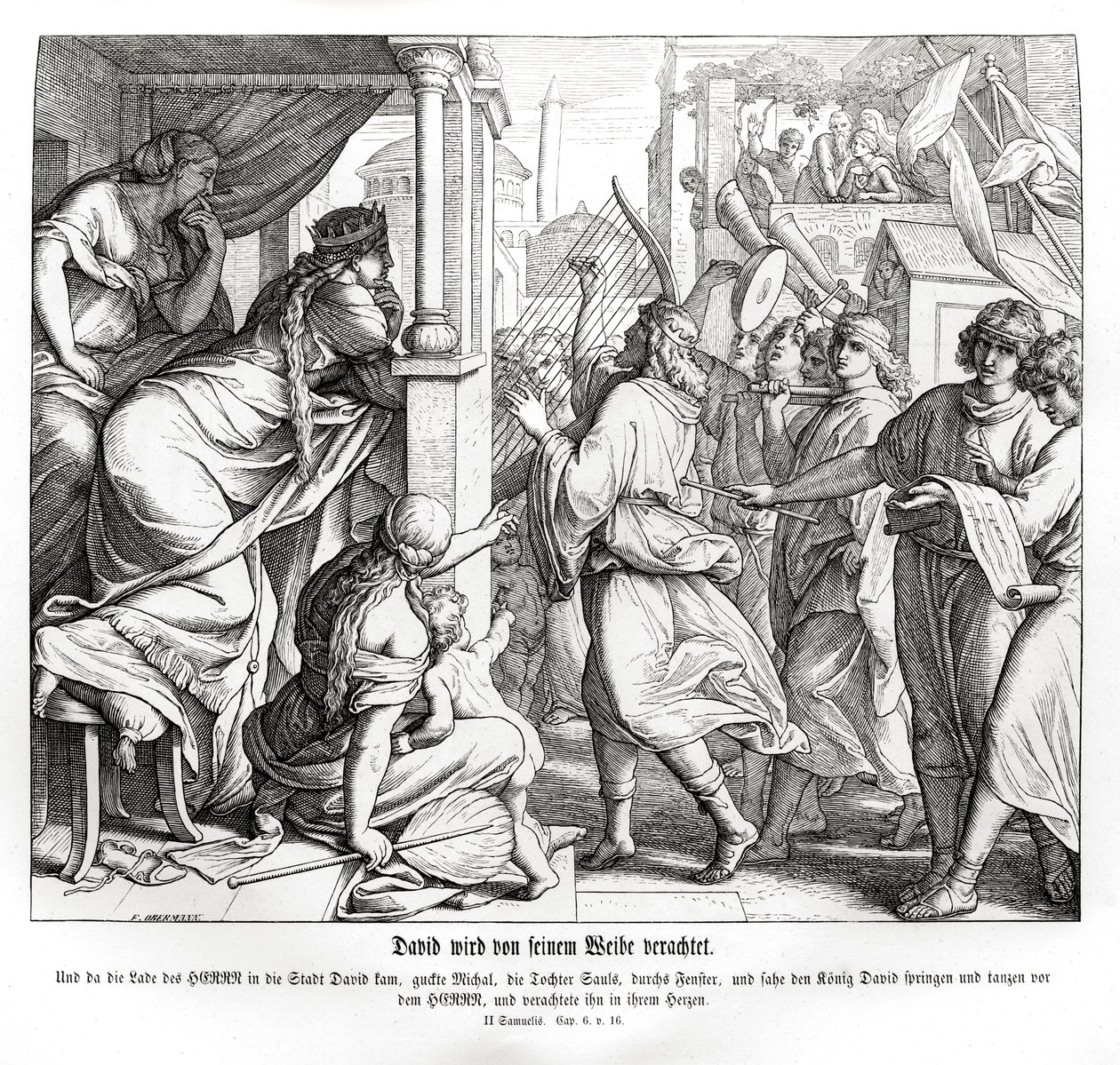 David wordt veracht door Michal, 2 Samuel door Julius Schnorr von Carolsfeld