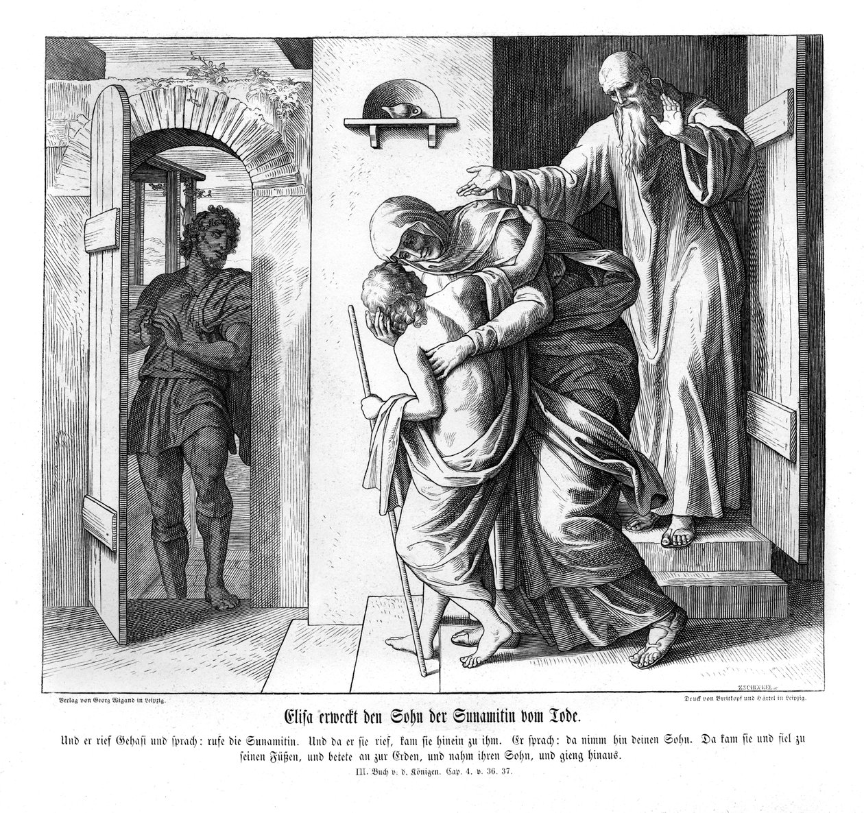 Elisa wekt de zoon van de Sunamitische vrouw op, 2 Koningen door Julius Schnorr von Carolsfeld
