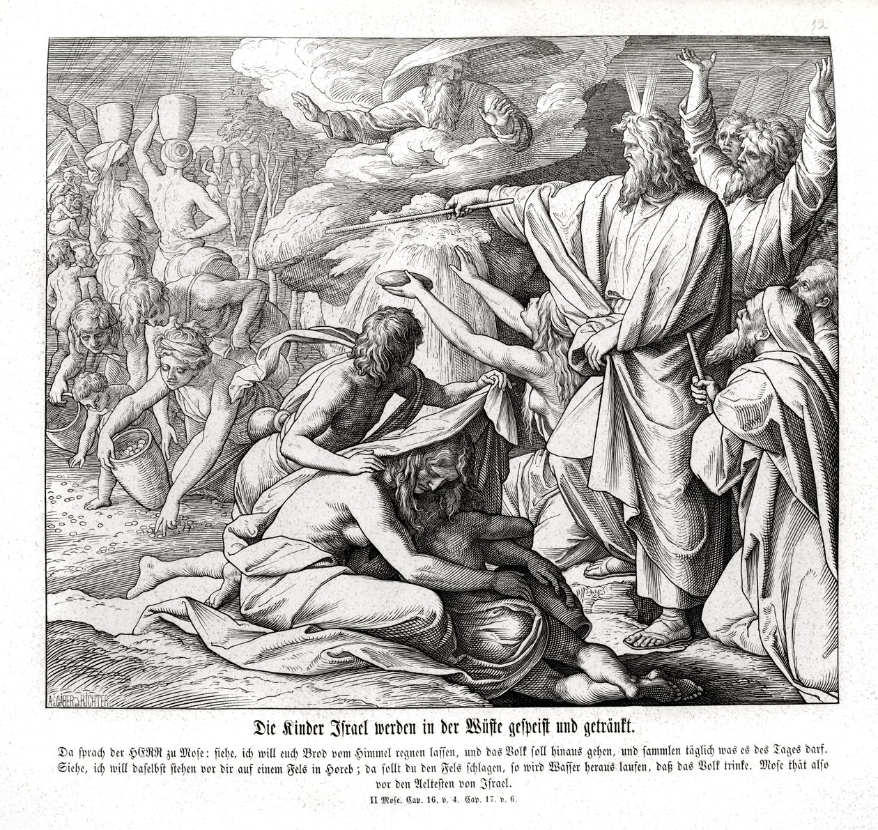 Israëlieten ontvangen voedsel in de woestijn, Exodus door Julius Schnorr von Carolsfeld