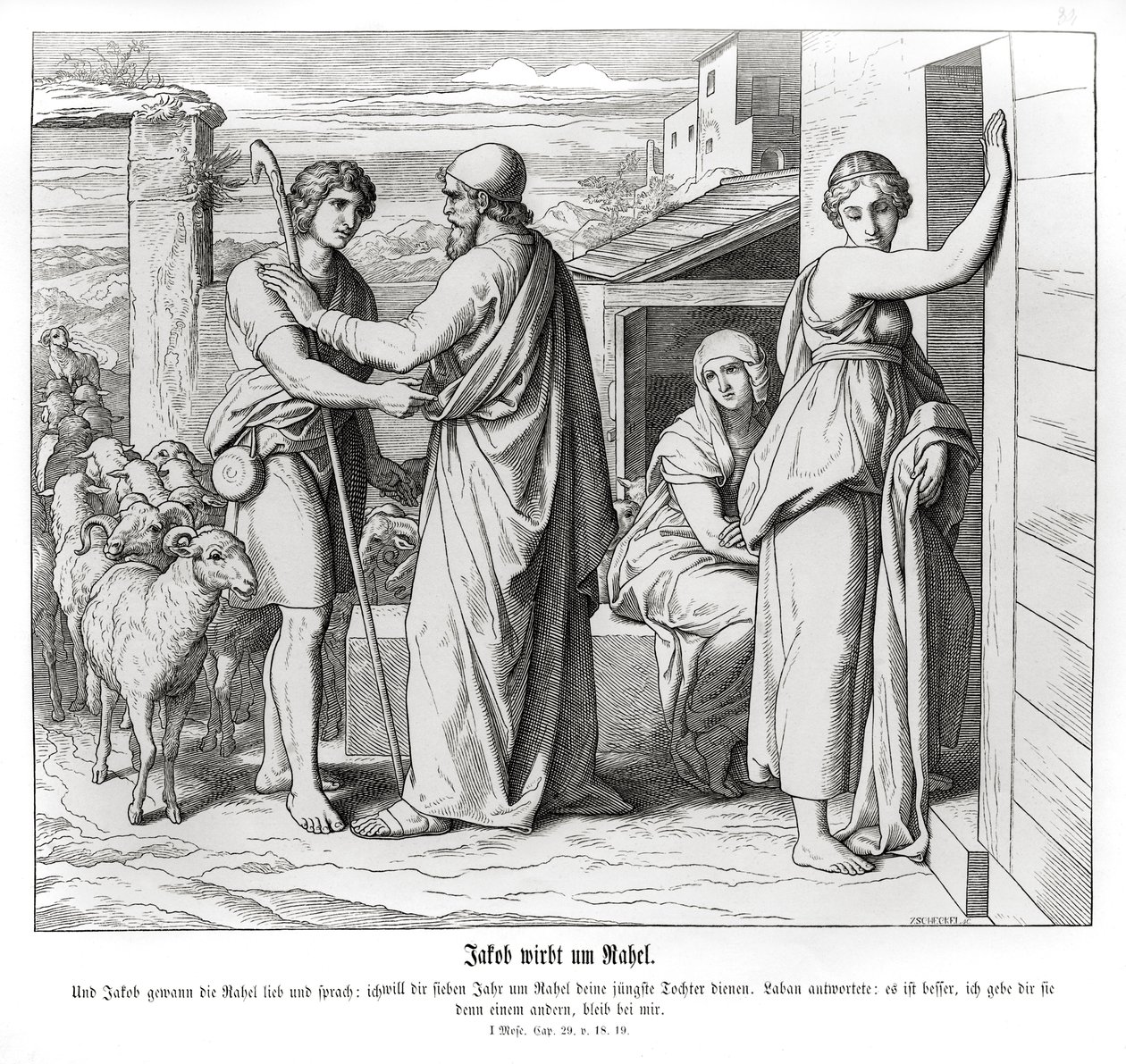 Jacob vraagt Laban om Rachel als zijn vrouw, Genesis door Julius Schnorr von Carolsfeld