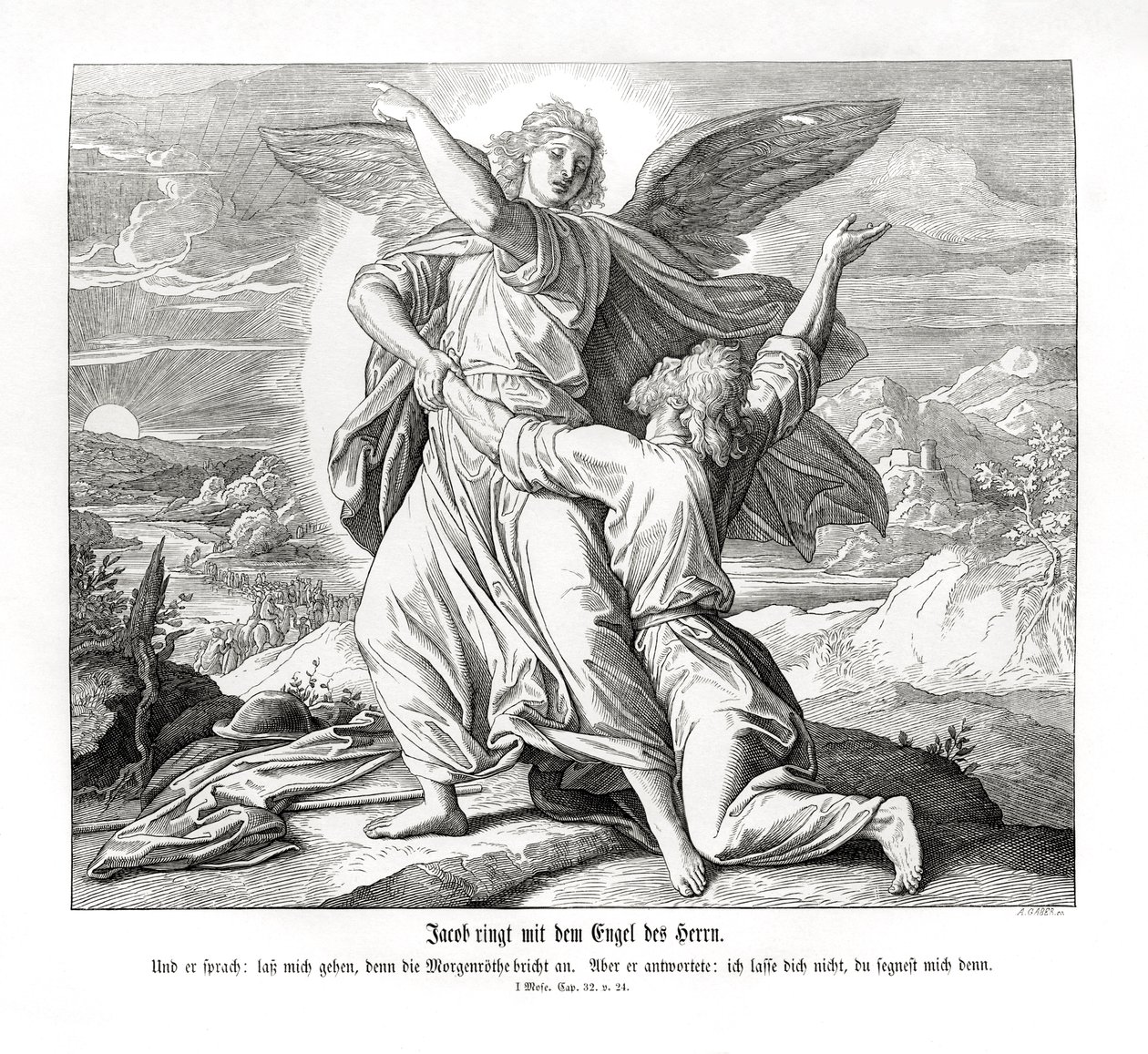 Jakob worstelt met de engel, Genesis door Julius Schnorr von Carolsfeld