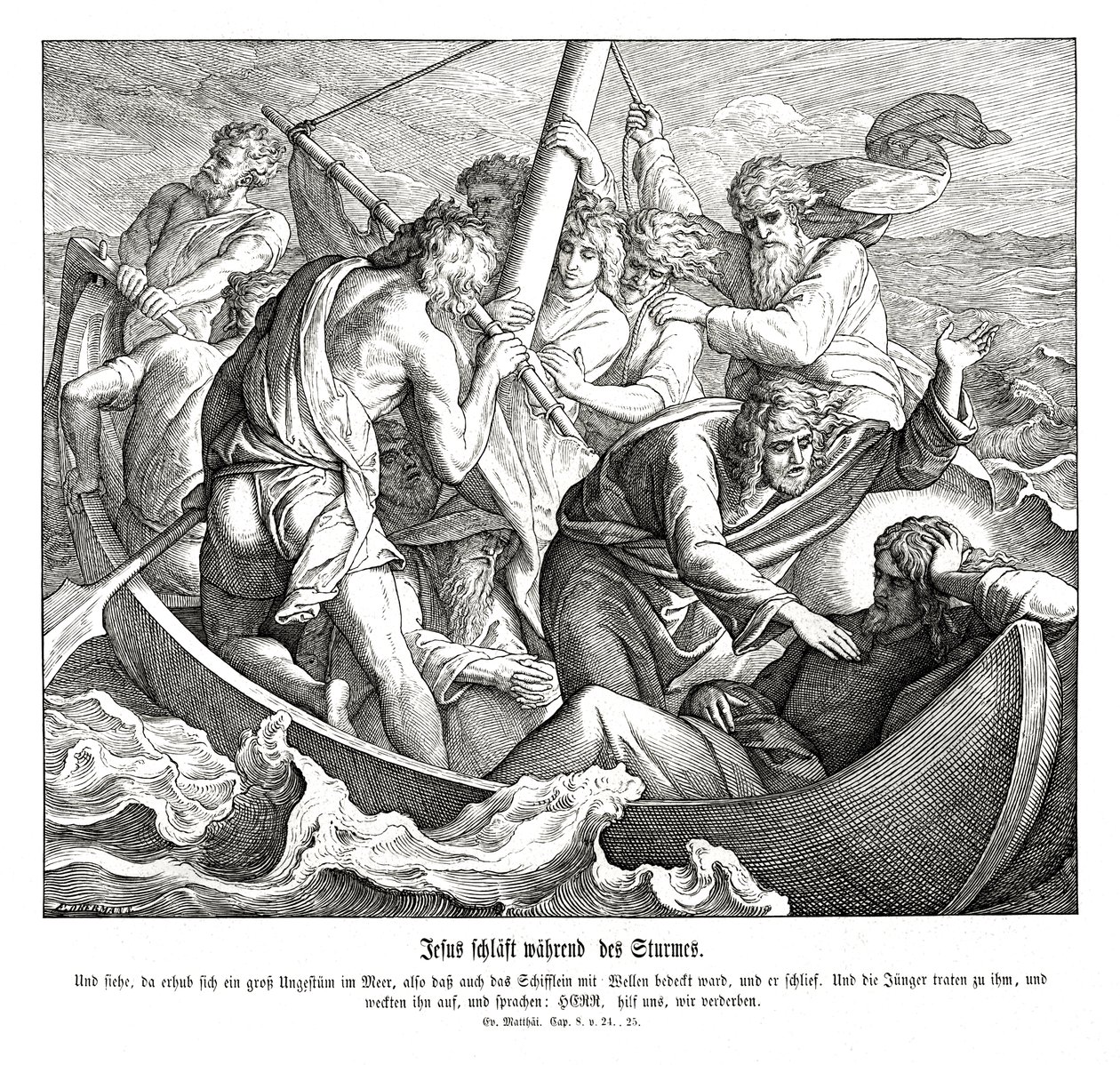 Jezus slaapt tijdens de storm, Evangelie van Matteüs door Julius Schnorr von Carolsfeld
