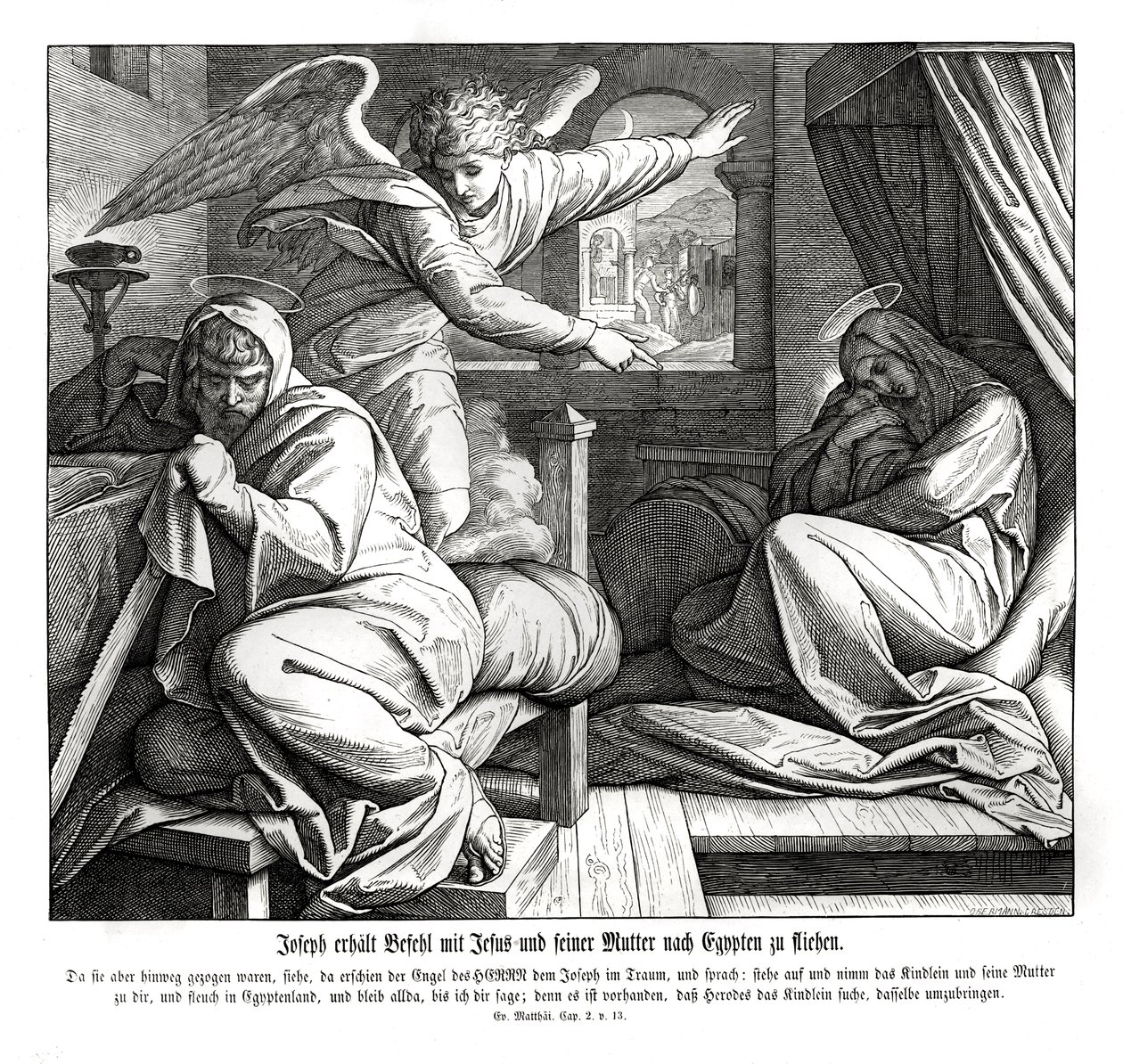 Jozef wordt gewaarschuwd om naar Egypte te vluchten, Evangelie van Matteüs door Julius Schnorr von Carolsfeld
