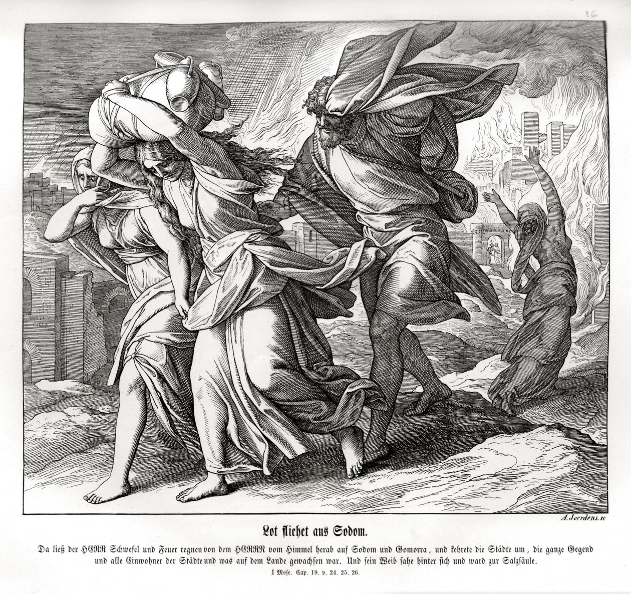 Lot en zijn familie vluchten uit Sodom, Genesis door Julius Schnorr von Carolsfeld