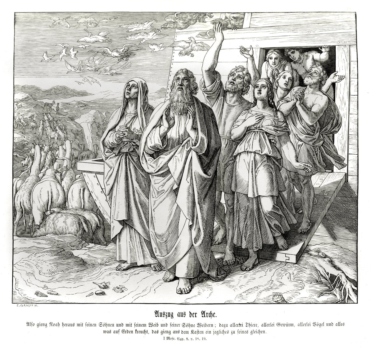 Noach en zijn familie na de zondvloed, Genesis door Julius Schnorr von Carolsfeld